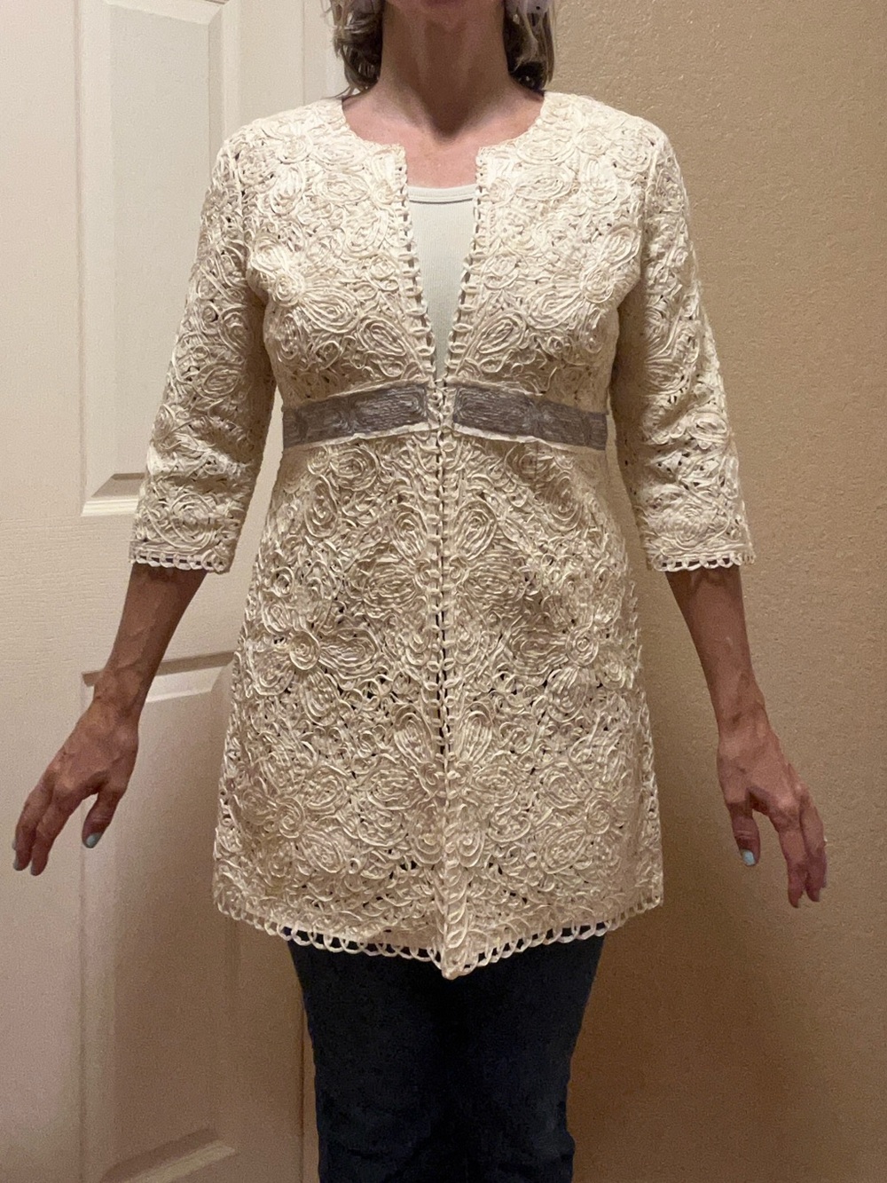 NIC+ZOE Cream Crochet Pea Coat with Gray Waist Detail